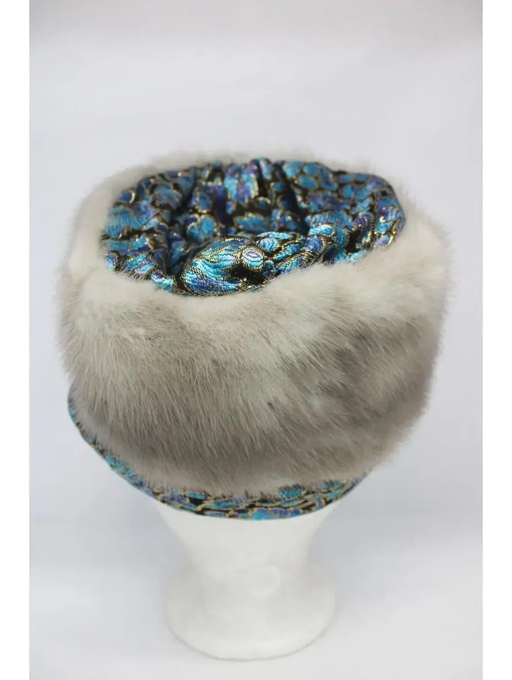 EXCELLENT CANADIAN SAPPHIRE MINK FUR & FABRIC HAT WOMEN WOMAN SIZE 20" - Picture 3 of 5
